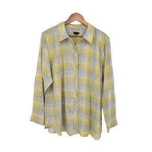 Talbots Plaid Shirt long sleeve button down Top 2x plus yellow gray metallic